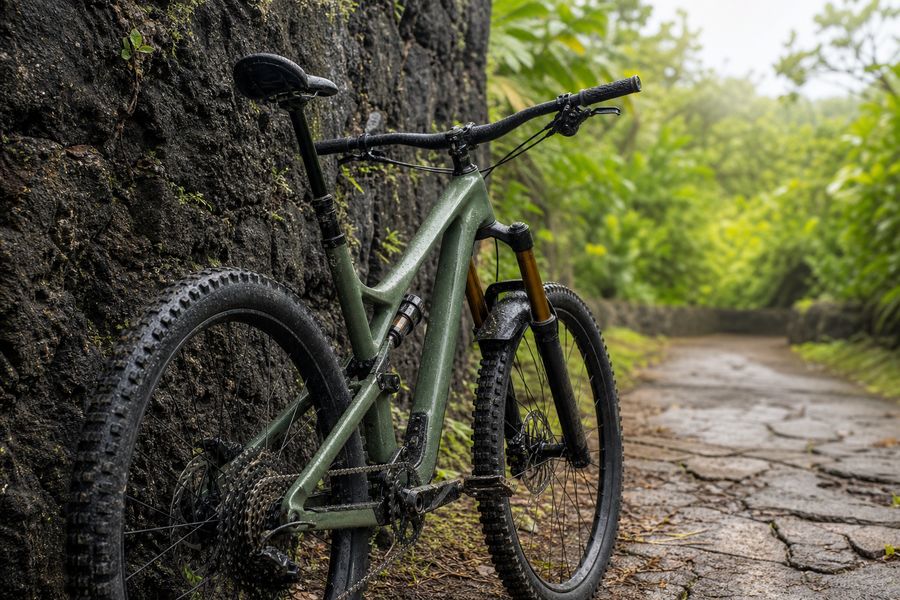 Mountain bike detail by a lava rock wall