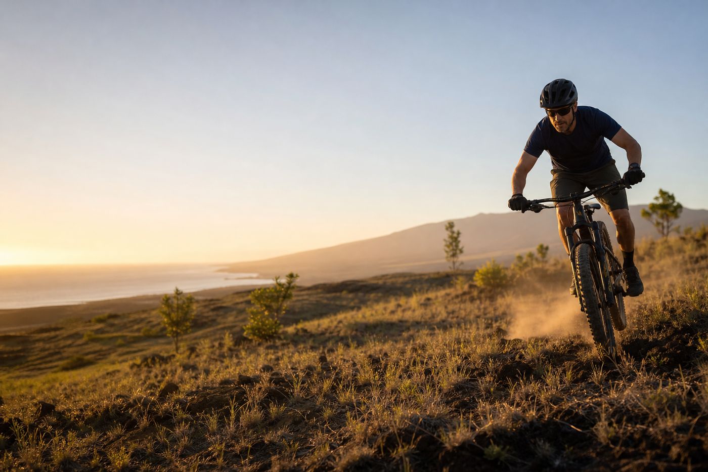 Mountain biker riding an overgrown fairway at golden hour