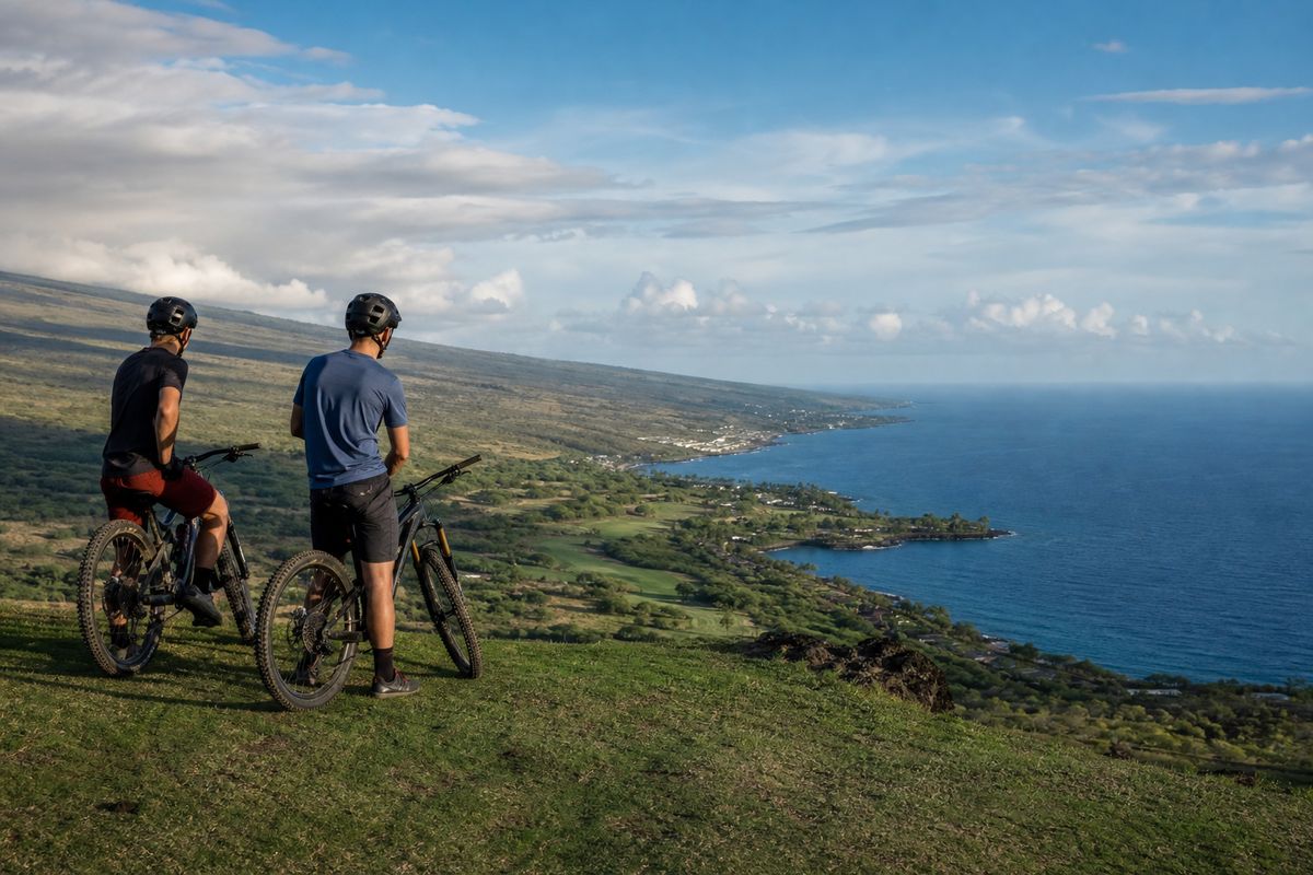Two riders overlooking Keauhou Bay from the ridge